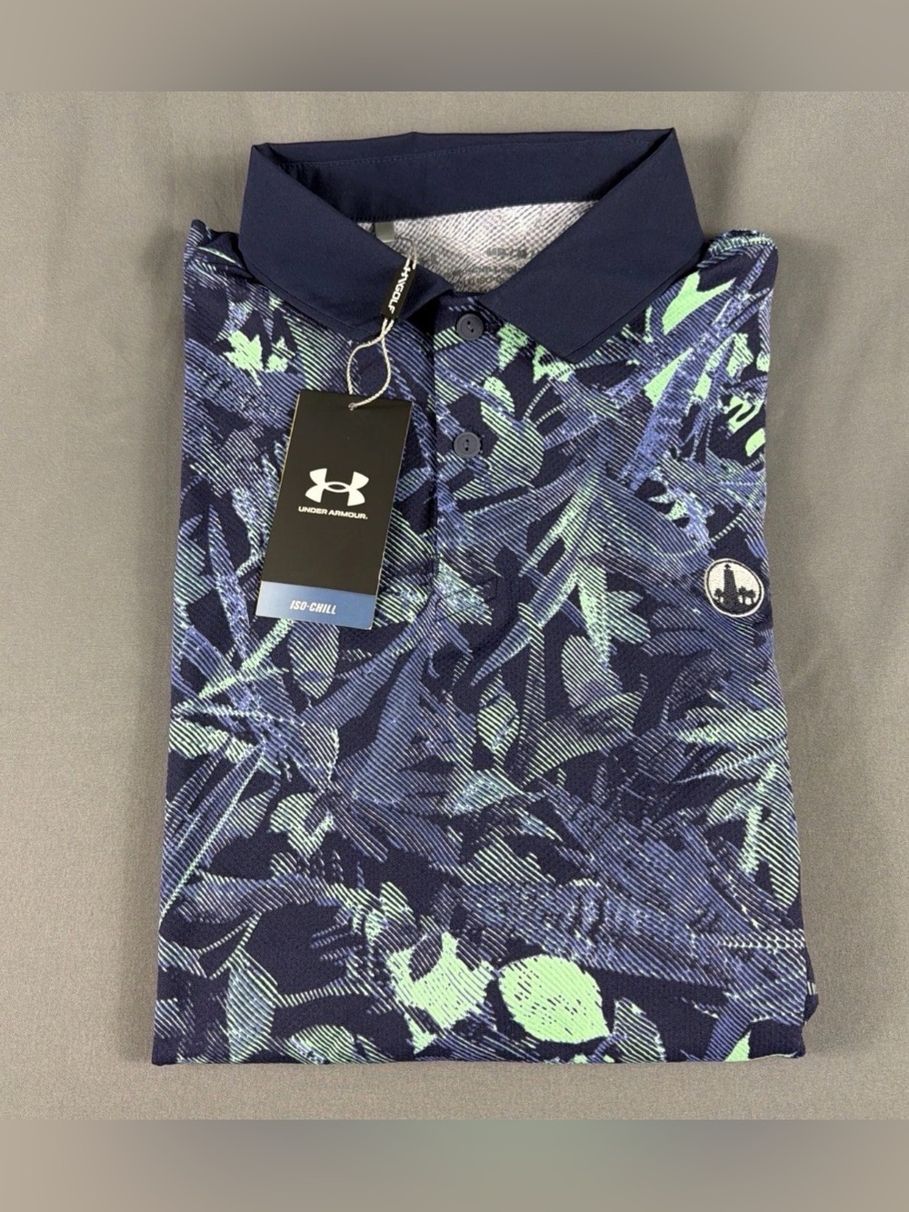 Under Armour Golf Shirt Polo Chest Logo Iso Chill Printed Medium Navy MC NWT $80
